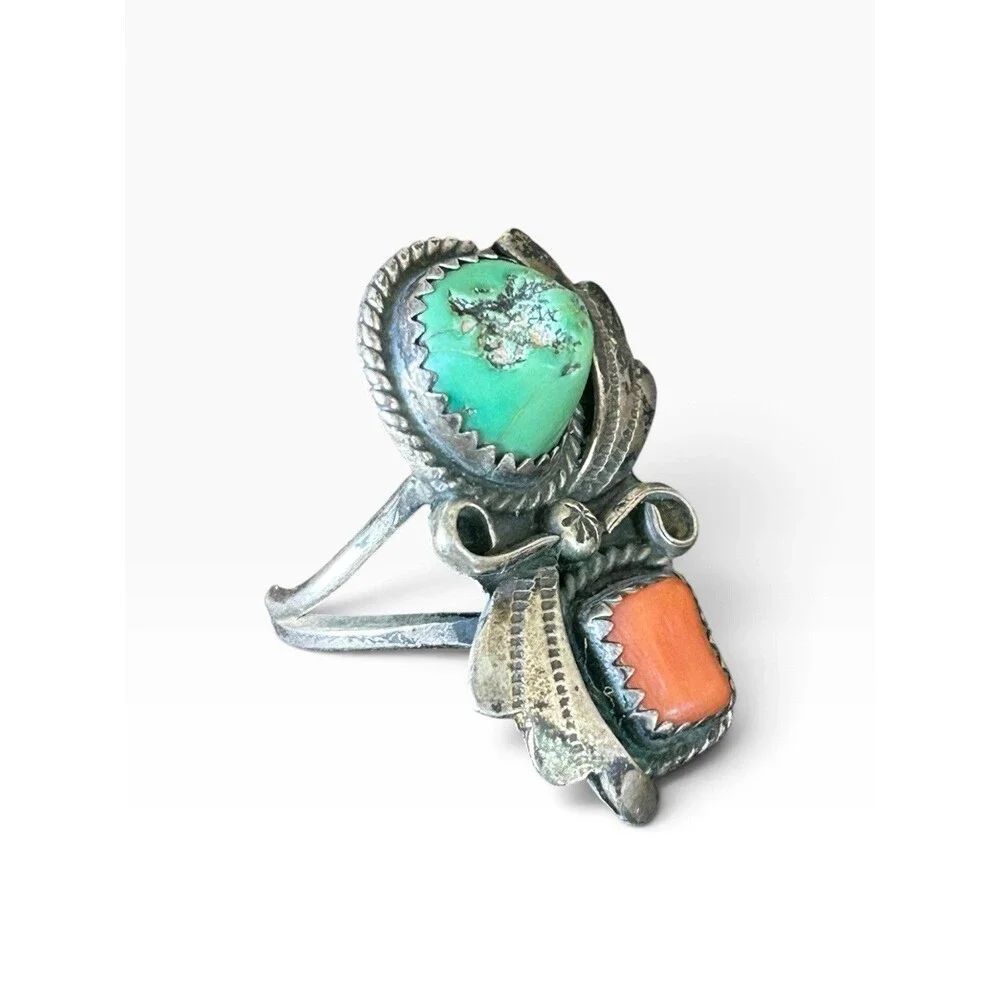 Vintage Sterling Silver Turquoise Coral Ring Southwestern Native Style Size 7.5